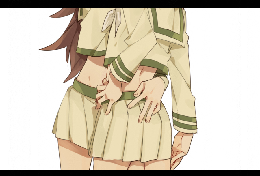 2girls brown_hair d.y.x. hand_on_another's_hip kantai_collection kitakami_(kantai_collection) letterboxed long_hair multiple_girls navel ooi_(kantai_collection) sailor_collar skirt yuri