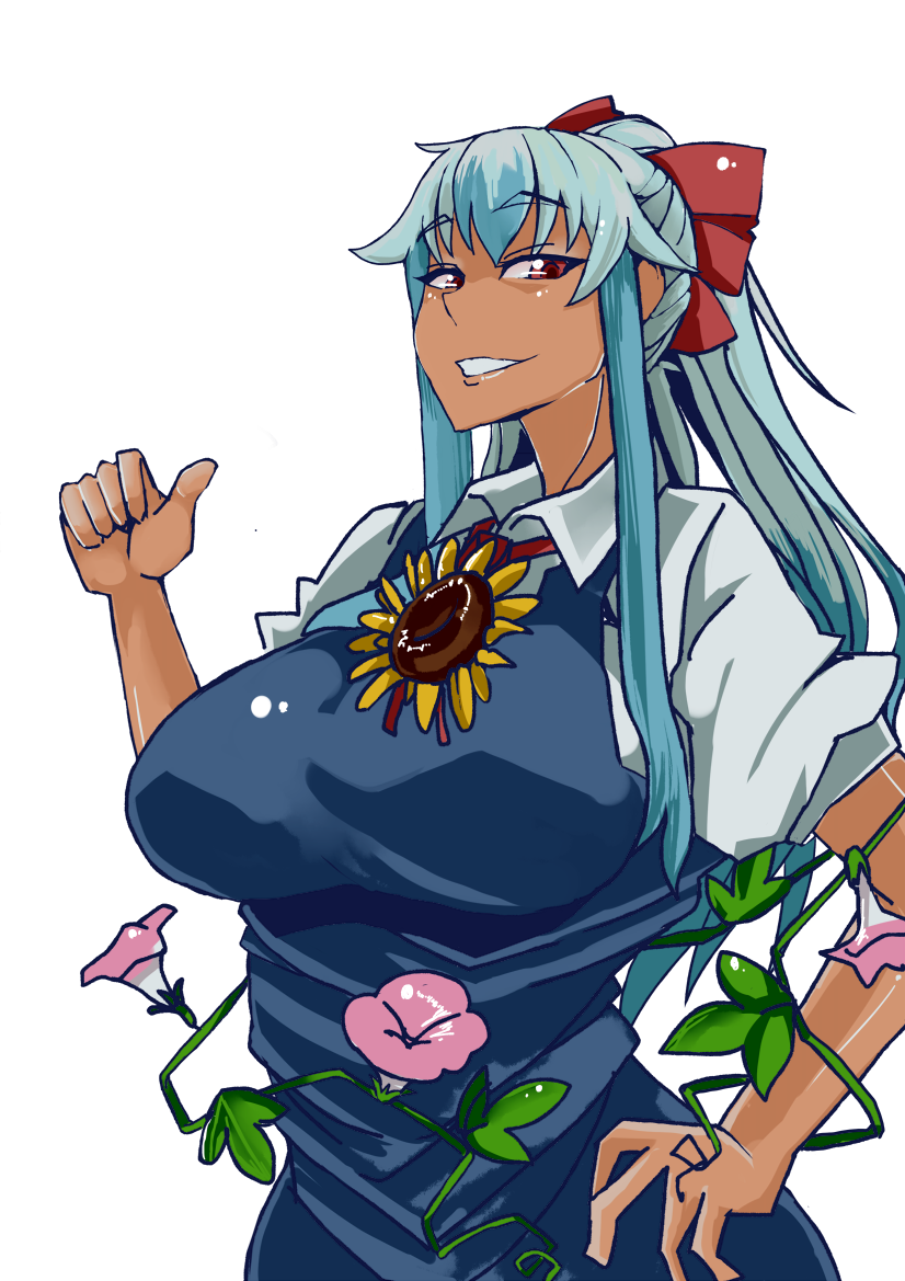 1girl alternate_costume alternate_hairstyle alternate_headgear aqua_hair bad_hands blue_dress blue_hair breasts collared_shirt cosplay dress flower grin hair_ribbon hand_on_hip heiseikorotaisei kamishirasawa_keine large_breasts long_hair looking_at_viewer multicolored_hair plant red_eyes ribbon shirt simple_background sleeveless sleeveless_dress smile solo sunflower tan tanned_cirno tanned_cirno_(cosplay) thumbs_up touhou two-tone_hair very_long_hair vines white_background white_shirt