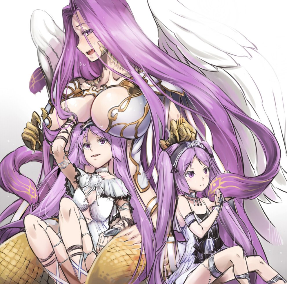 3girls bare_shoulders blush breasts bustier choker claws cleavage_cutout dress euryale fate/grand_order fate/hollow_ataraxia fate_(series) gorgon_(fate) hairband headdress hijiri jewelry large_breasts lolita_hairband long_hair monster_girl multiple_girls navel open_mouth purple_hair rider scales siblings sisters slit_pupils smile snake square_pupils stheno twins twintails very_long_hair violet_eyes white_dress wings