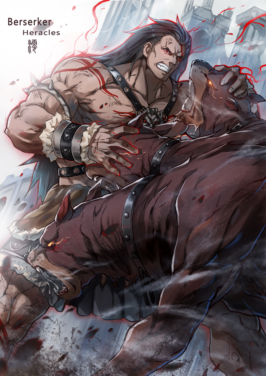 1boy anger_vein angry architecture aura berserker black_hair blood bodypaint bracelet bracer cerberus character_name clenched_teeth collar dark_skin dark_skinned_male dog dog_collar dust fate/stay_night fate_(series) glowing glowing_eyes hands_on_another's_head highres jewelry jun_ling long_hair open_mouth orange_eyes red_eyes saliva solo spiked_bracelet spikes teeth veins wince