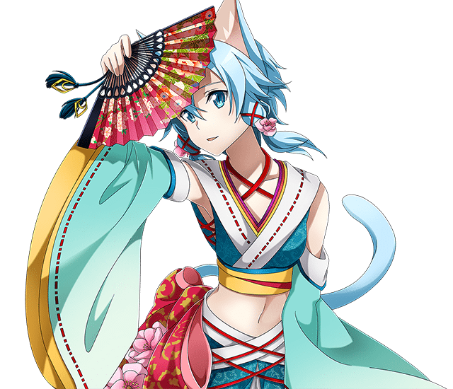 1girl animal_ears arm_up blue_eyes blue_hair cat_ears cat_tail collarbone detached_sleeves fan flower hair_between_eyes hair_flower hair_ornament hair_ribbon holding holding_fan midriff navel parted_lips pink_flower red_ribbon ribbon shinon_(sao-alo) short_hair_with_long_locks sidelocks solo standing stomach sword_art_online tail transparent_background
