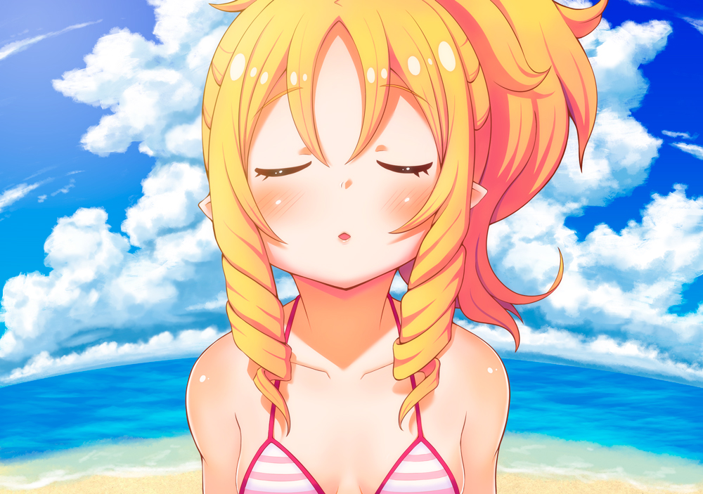 1girl bangs bare_shoulders beach bikini_top blonde_hair blue_sky blush breasts closed_eyes clouds cloudy_sky collarbone commentary_request day drill_hair eromanga_sensei eyebrows_visible_through_hair hair_between_eyes horizon incoming_kiss kbisuco long_hair ocean outdoors parted_bangs parted_lips pink_bikini_top pointy_ears ponytail shiny shiny_hair shiny_skin sky small_breasts solo striped_bikini_top swimsuit twin_drills upper_body yamada_elf