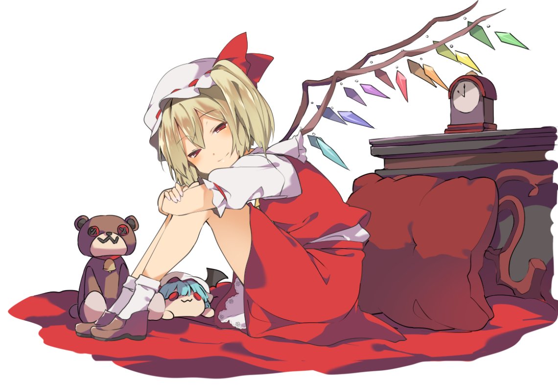 1girl blonde_hair blush bobby_socks bow character_doll clock crystal flandre_scarlet from_side full_body hair_between_eyes hasebe_yuusaku hat hat_bow leg_hug loafers looking_at_viewer looking_to_the_side mob_cap pillow red_bow red_eyes red_skirt red_vest remilia_scarlet shirt shoes side_ponytail sitting skirt skirt_set smile socks solo stuffed_animal stuffed_toy teddy_bear touhou vest white_legwear white_shirt wings
