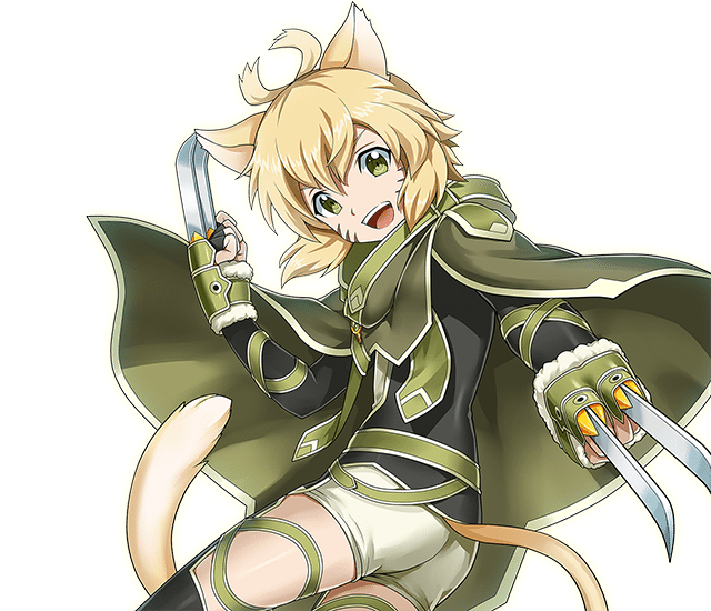 1girl :d animal_ears antenna_hair argo_the_rat black_gloves blonde_hair cat_ears cat_tail facial_mark fingerless_gloves gloves green_eyes looking_at_viewer open_mouth short_hair short_shorts shorts smile solo sword_art_online tail thigh-highs transparent_background white_shorts