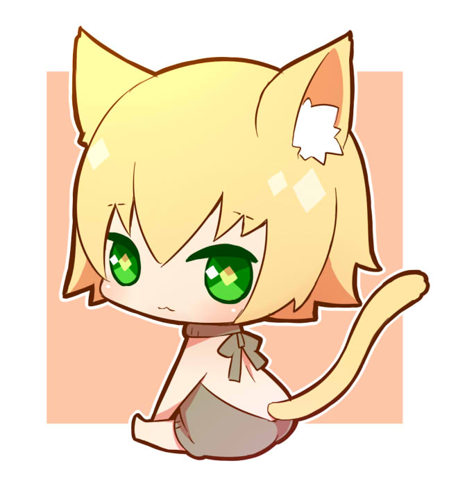 1boy animal_ears blazblue blonde_hair cat_ears cat_tail green_eyes kisaragi_jin looking_at_viewer potato_(oriha94) simple_background smile solo tail