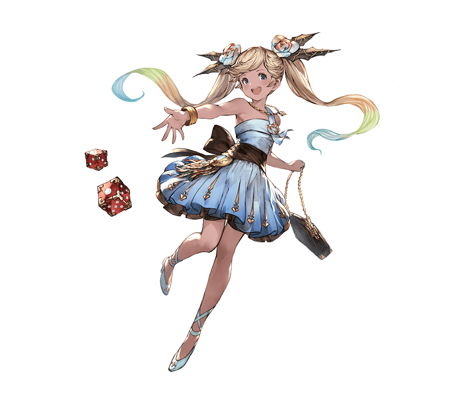 1girl bag bangs bare_shoulders blonde_hair blue_eyes bracelet dice dress flower full_body gradient_hair granblue_fantasy green_hair hair_flower hair_ornament handbag high_heels holding io_euclase jewelry long_hair looking_at_viewer minaba_hideo multicolored_hair necklace official_art open_mouth short_dress sleeveless smile solo transparent_background twintails