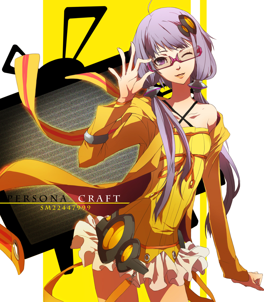 1girl ahoge alternate_color animal_hood bangs bare_shoulders bespectacled bunny_hood chikashige collarbone commentary_request cowboy_shot dress eyebrows_visible_through_hair glasses hair_ornament headset holding holding_glasses hood hood_down hoodie long_sleeves low_twintails one_eye_closed persona persona_4 purple_hair semi-rimless_glasses smile solo striped television text twintails under-rim_glasses vertical-striped_dress vertical_stripes violet_eyes vocaloid yuzuki_yukari