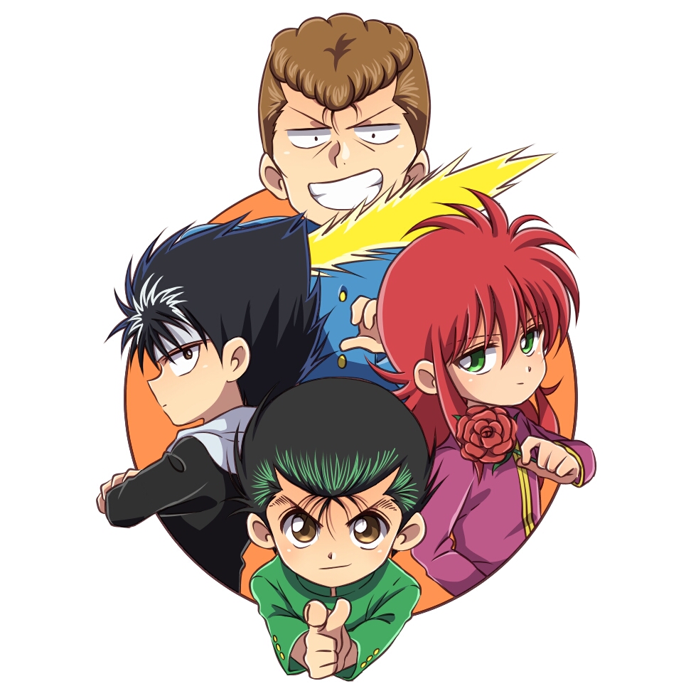 4boys black_hair brown_eyes brown_hair energy_sword finger_gun flower gakuran green_eyes green_hair grin headband hiei kameron kurama kuwabara_kazuma male_focus multiple_boys redhead rose school_uniform smile sword urameshi_yuusuke weapon yuu_yuu_hakusho