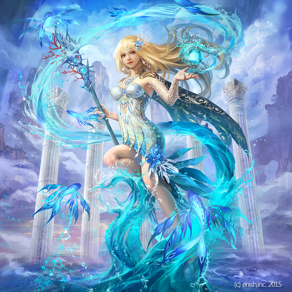 1girl bahamut_crisis black_cape blonde_hair breasts cape clouds column coral day dress earrings eudia_(serenity2200) fish flying_fish full_body holding holding_staff jewelry long_hair looking_at_viewer medium_breasts outdoors pillar solo staff standing water watermark white_dress