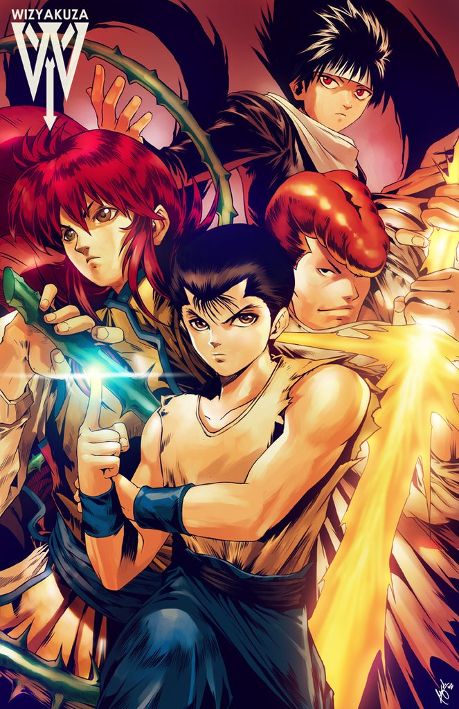 4boys black_hair brown_eyes brown_hair ceasar_ian_muyuela energy_sword headband hiei kurama kuwabara_kazuma long_hair male_focus multiple_boys plant pompadour red_eyes redhead short_hair sleeveless sword urameshi_yuusuke vine_whip vines weapon yuu_yuu_hakusho