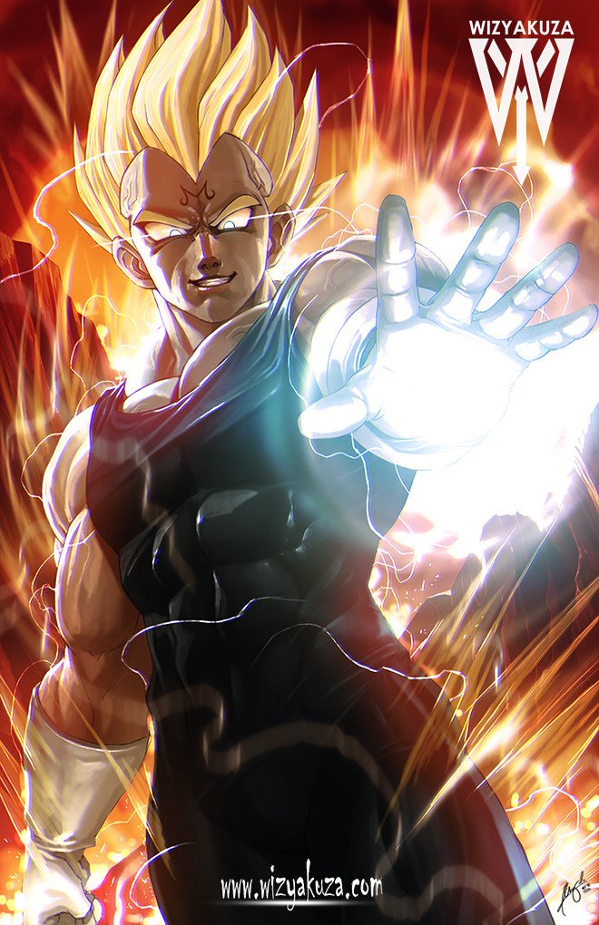 1boy abs artist_name aura blonde_hair blue_eyes ceasar_ian_muyuela dragon_ball dragonball_z electricity evil_grin evil_smile facial_mark forehead_mark from_below gloves glowing grin majin_vegeta male_focus muscle signature smile solo spiky_hair super_saiyan super_saiyan_2 vegeta watermark web_address white_gloves