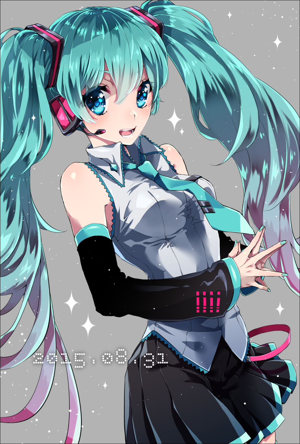 1girl 2015 aqua_eyes aqua_hair bare_shoulders blush dated detached_sleeves grey_background hair_between_eyes hatsune_miku headset highres long_twintails looking_at_viewer nail_polish necktie open_mouth skirt solo steepled_fingers twintails vocaloid westxost_(68monkey)