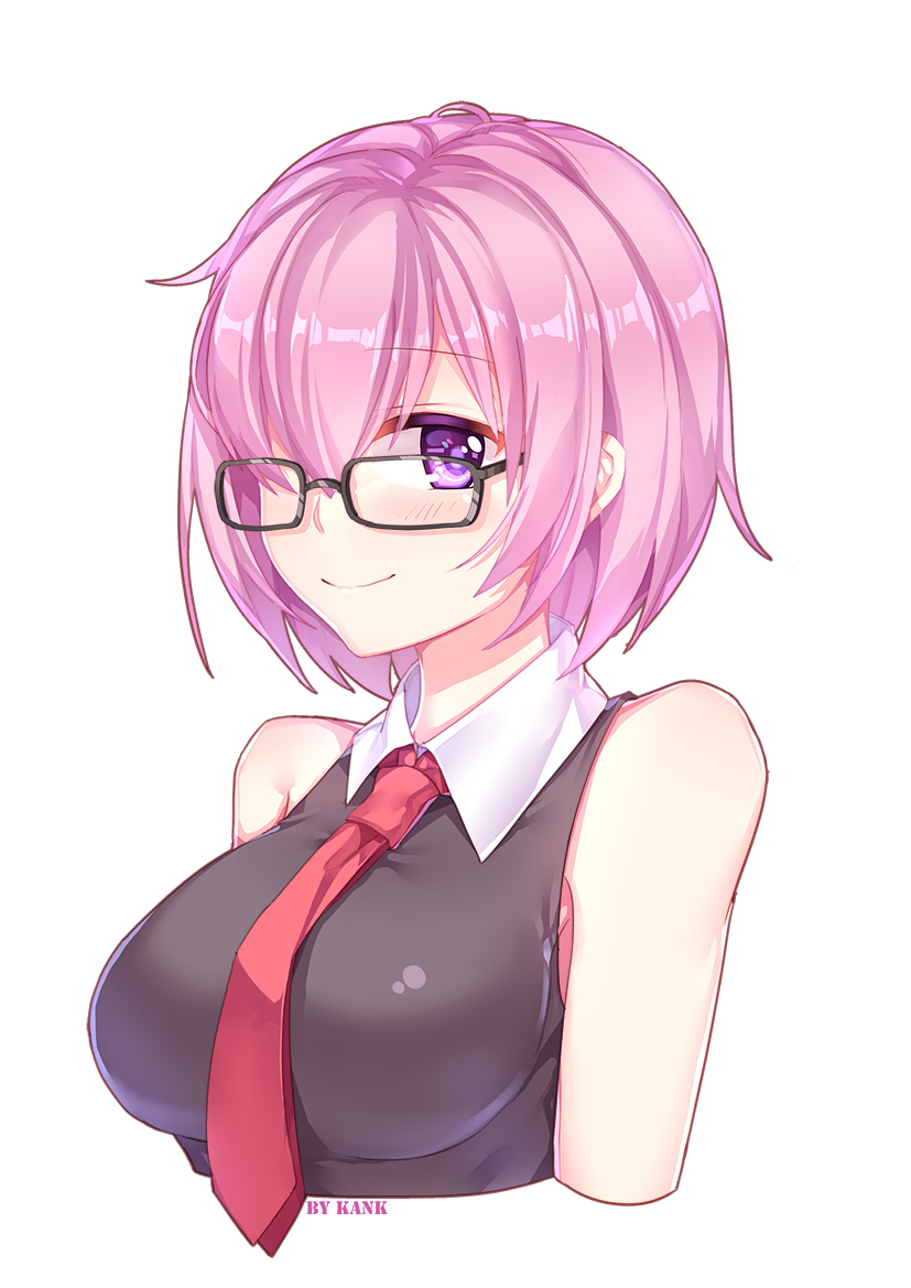 bare_shoulders blush breasts eyebrows_visible_through_hair fate/grand_order fate_(series) glasses hair_over_one_eye kan_(rainconan) large_breasts looking_at_viewer necktie pink_hair red_necktie shielder_(fate/grand_order) short_hair sleeveless smile violet_eyes