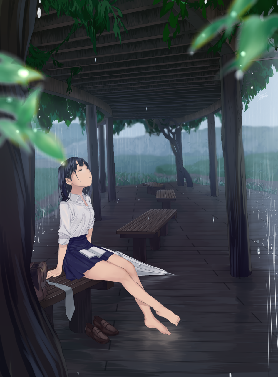 1girl arms_at_sides bad_id bad_tumblr_id bag bangs barefoot bench black_hair blue_skirt blurry book closed_eyes closed_umbrella collared_shirt depth_of_field facing_away highres leaf loafers long_hair necktie necktie_removed open_book original ouchi_kaeru outdoors parted_lips pleated_skirt rain school_bag school_uniform shirt shoes shoes_removed sitting skirt sleeves_rolled_up solo trellis umbrella wet wet_hair white_shirt wooden_floor