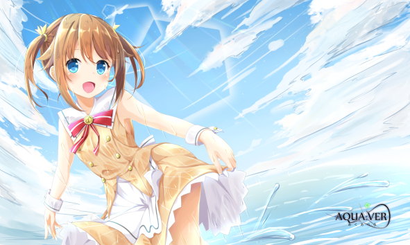 1girl alternate_costume blue_eyes brown_hair cowboy_shot day dress dress_lift high_school_fleet logo looking_at_viewer misaki_akeno open_mouth pirason short_hair sky solo twintails wading water white_sailor_collar wrist_cuffs