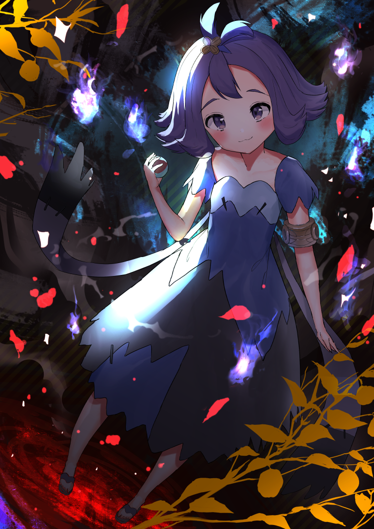 1girl :3 acerola_(pokemon) ahoge akamizuki_(akmzk) armlet blush dark hand_up head_tilt hitodama light_particles looking_at_viewer poke_ball pokemon pokemon_(game) pokemon_sm purple_hair sandals solo violet_eyes