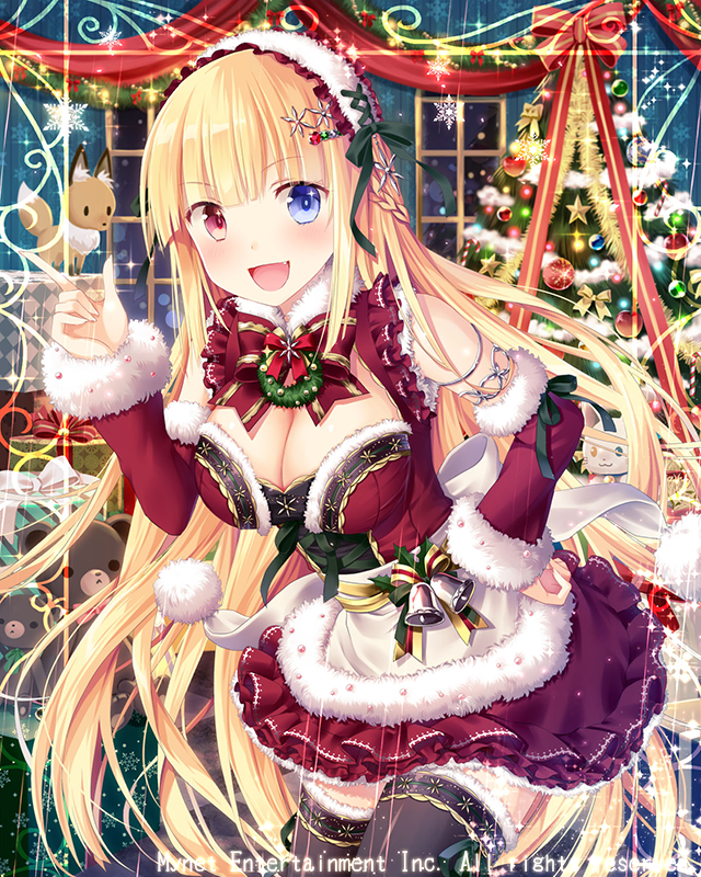 bell black_legwear blonde_hair blue_eyes blush bow breasts christmas christmas_ornaments christmas_tree christmas_wreath cleavage detached_sleeves eyebrows_visible_through_hair falkyrie_no_monshou fang green_ribbon hand_on_hip hat headdress heterochromia index_finger_raised large_breasts long_hair looking_at_viewer natsumekinoko official_art open_mouth red_bow red_eyes red_hat red_ribbon ribbon santa_costume santa_hat smile stuffed_animal stuffed_fox stuffed_toy teddy_bear thigh-highs wreath