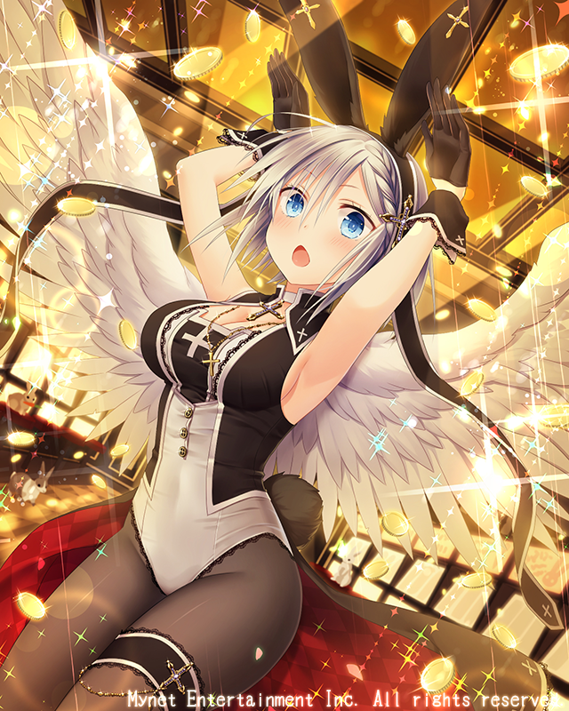 1girl angel_wings animal_ears armpits black_gloves black_legwear blue_eyes blush breasts bunny_tail bunnysuit cleavage collar cross cross_necklace eyebrows_visible_through_hair fake_animal_ears fake_tail falkyrie_no_monshou gloves jewelry large_breasts looking_at_viewer natsumekinoko necklace official_art open_mouth pantyhose rabbit_ears short_hair silver_hair solo tail wings