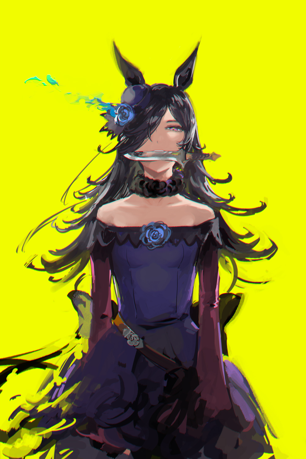 1girl animal_ears bare_shoulders black_hair blue_dress blue_flower blue_rose brown_eyes collarbone cowboy_shot dress flower hair_flower hair_ornament highres horse_ears horse_girl knife_in_mouth long_hair long_sleeves looking_at_viewer mouth_hold off-shoulder_dress off_shoulder otimusyairoha purple_sleeves rice_shower_(umamusume) rose shiny shiny_hair simple_background solo standing umamusume yellow_background