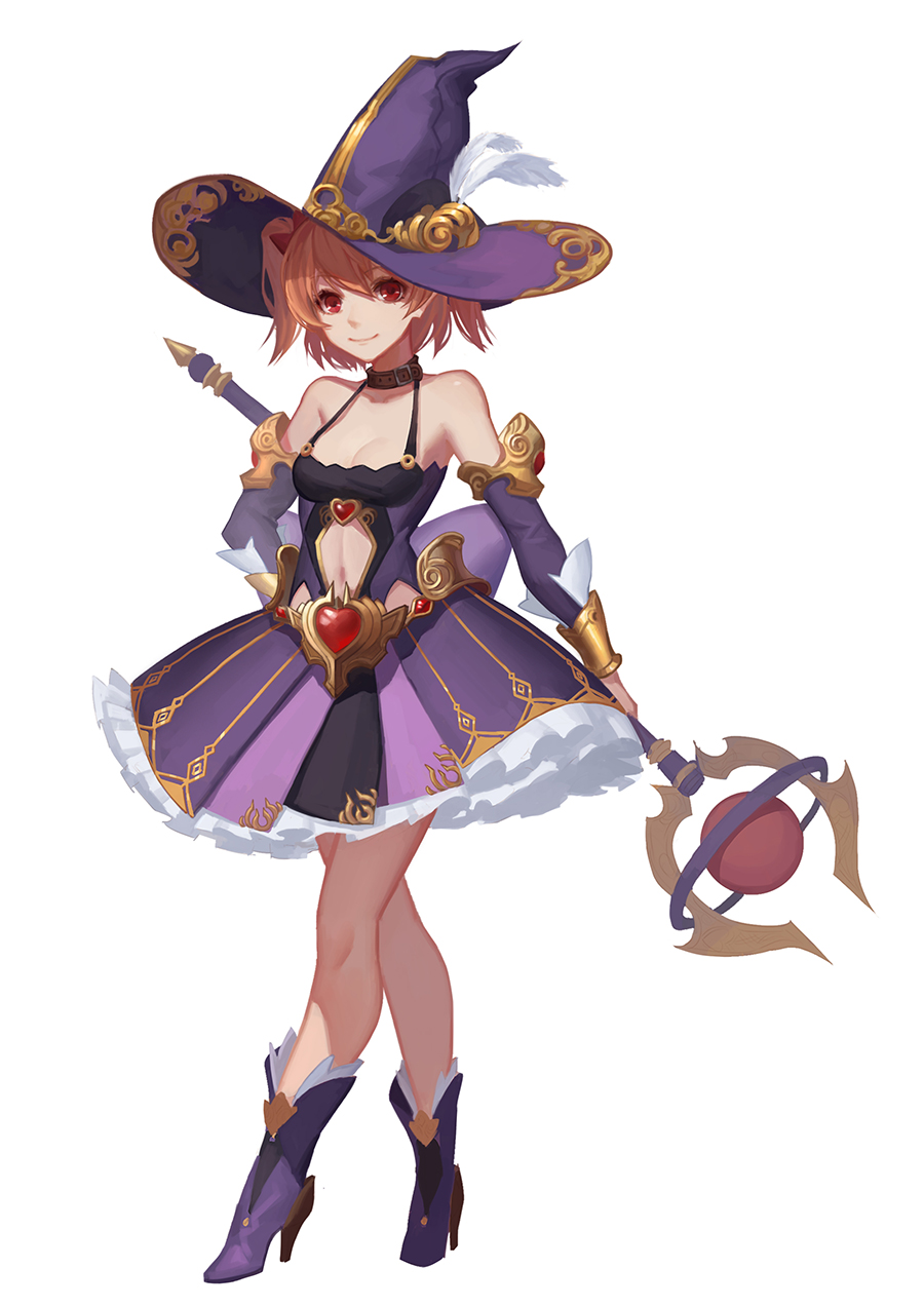 1girl bare_shoulders boots breasts brown_hair cleavage collar eyebrows_visible_through_hair feathers full_body hat heart high_heel_boots high_heels highres holding holding_staff looking_at_viewer medium_breasts navel original purple_hat red_eyes short_hair simple_background smile solo staff standing white_background witch_hat youxuemingdie