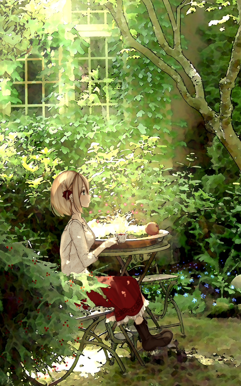 1girl blonde_hair blue_eyes chair cup facing_away highres holding holding_cup looking_away original outdoors roki_(0214278) sitting solo table tea teacup tree
