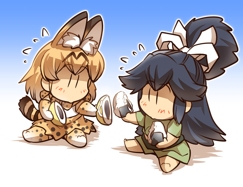 2girls animal_ears barefoot bow bowtie chibi comic commentary_request elbow_gloves flying_sweatdrops food gloves gradient gradient_background hair_ribbon hisahiko japanese_clothes japari_bun kantai_collection katsuragi_(kantai_collection) kemono_friends long_hair multiple_girls onigiri ponytail ribbon serval_(kemono_friends) serval_ears serval_print serval_tail sharing_food shirt short_hair skirt sleeveless sleeveless_shirt tail thigh-highs translation_request younger