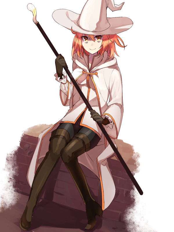 1girl bangs black_boots black_gloves boots cloak closed_mouth fate/grand_order fate_(series) fujimaru_ritsuka_(female) gloves hair_between_eyes hat holding holding_staff hood hooded_cloak knees_together_feet_apart knees_touching looking_at_viewer orange_hair sitting smile solo staff thigh-highs thigh_boots uraha witch_hat yellow_eyes