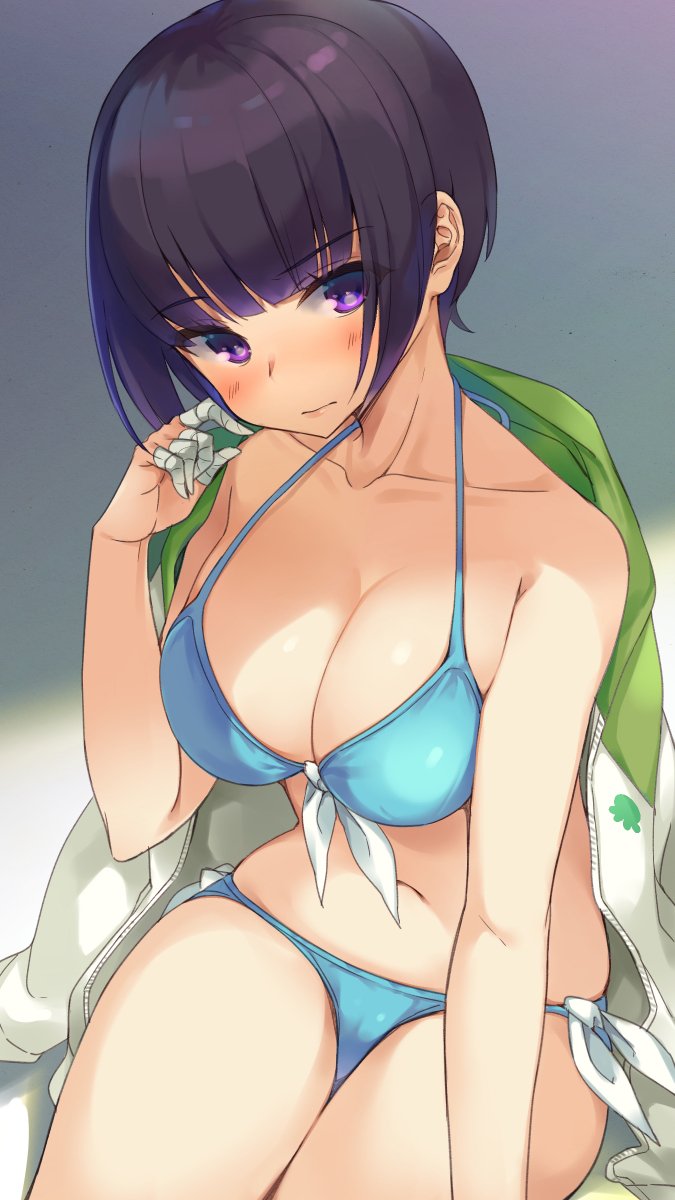 1girl bandage bangs bikini black_hair blue_bikini blunt_bangs blush breasts cleavage eromanga_sensei front-tie_top highres hym9594 jacket large_breasts looking_at_viewer navel open_clothes open_jacket senju_muramasa short_hair side-tie_bikini simple_background solo swimsuit violet_eyes