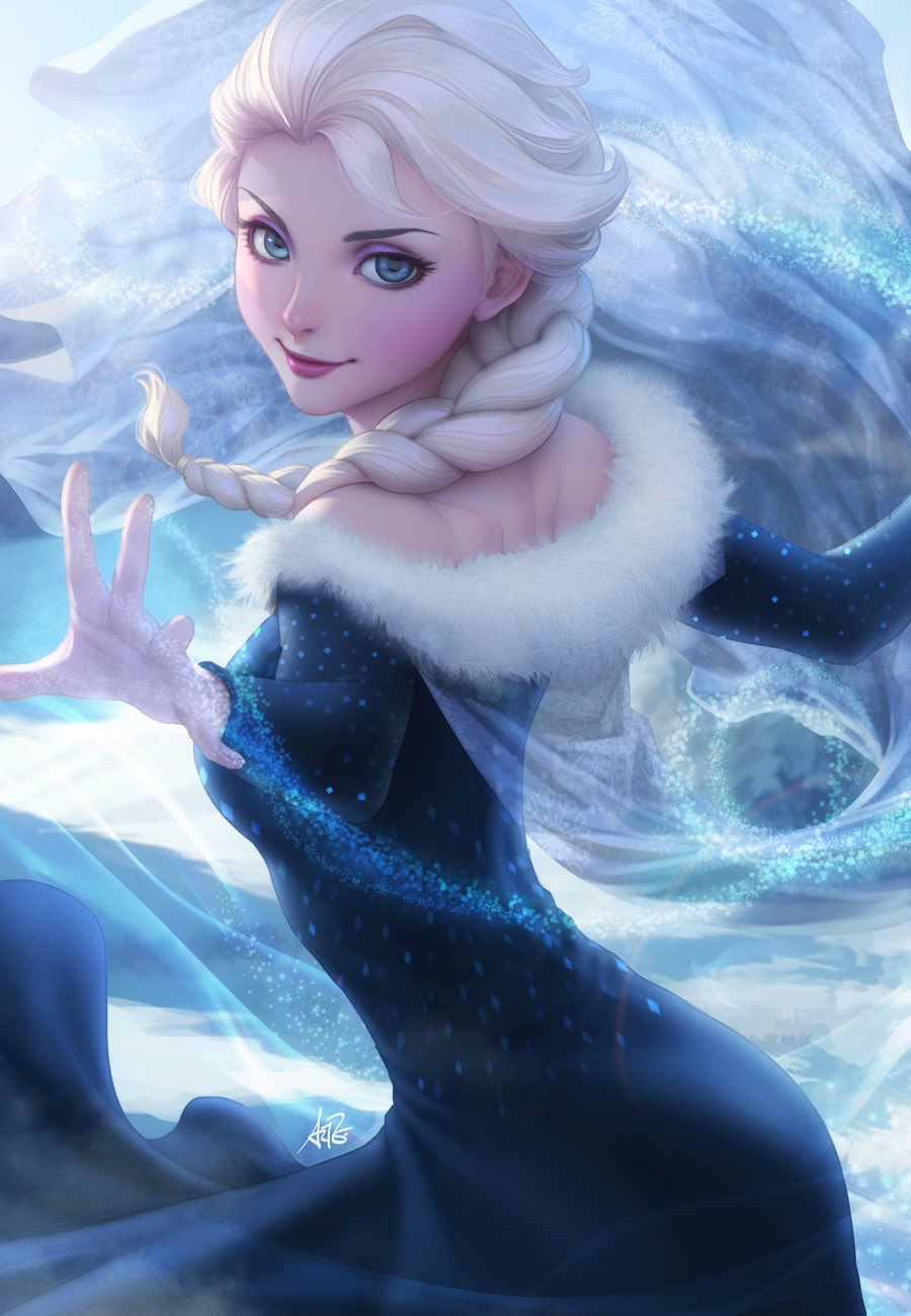 1girl bare_shoulders blonde_hair blue_dress blue_eyes blush braid cape disney dress elsa_(frozen) frozen_(disney) fur_trim hair_over_shoulder highres lipstick long_dress long_hair looking_at_viewer looking_back makeup off_shoulder outstretched_hand signature single_braid smile snow snowflakes solo stanley_lau strapless strapless_dress