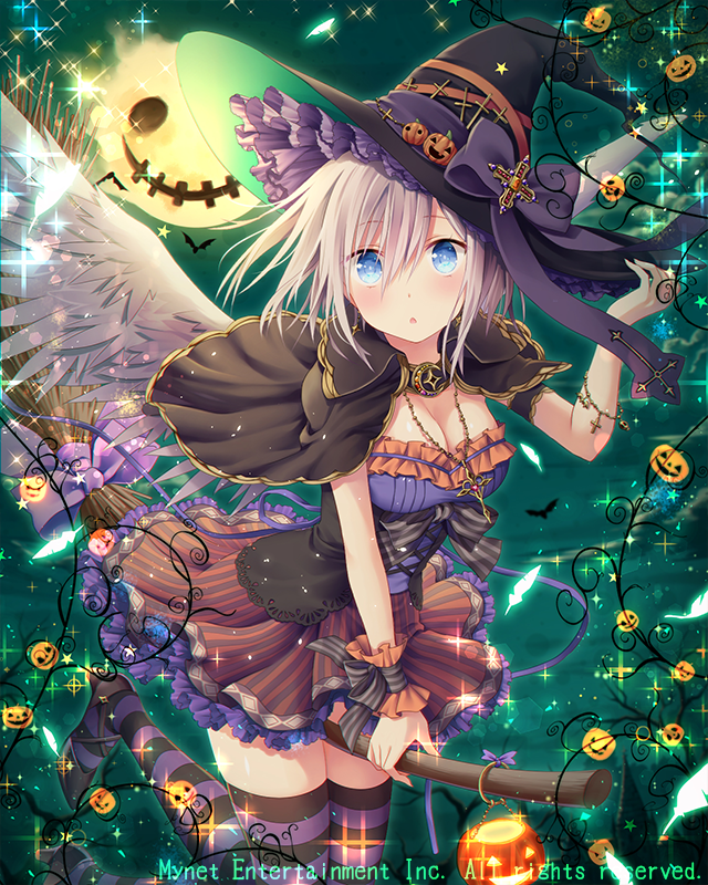 1girl adjusting_clothes adjusting_hat black_hat blue_eyes blush bow breasts broom broom_riding eyebrows_visible_through_hair falkyrie_no_monshou halloween hat jack-o'-lantern large_breasts looking_at_viewer natsumekinoko official_art parted_lips pumpkin purple_bow short_hair silver_hair solo witch_hat