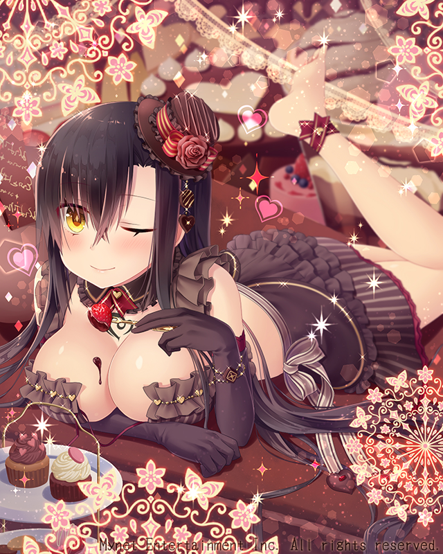 1girl black_gloves black_hair blush bow breasts chocolate cleavage cupcake elbow_gloves falkyrie_no_monshou food fruit gloves hat hat_bow hat_ribbon heart large_breasts looking_at_viewer lying natsumekinoko official_art on_stomach one_eye_closed plate red_bow red_ribbon ribbon smile solo strawberry top_hat valentine yellow_eyes