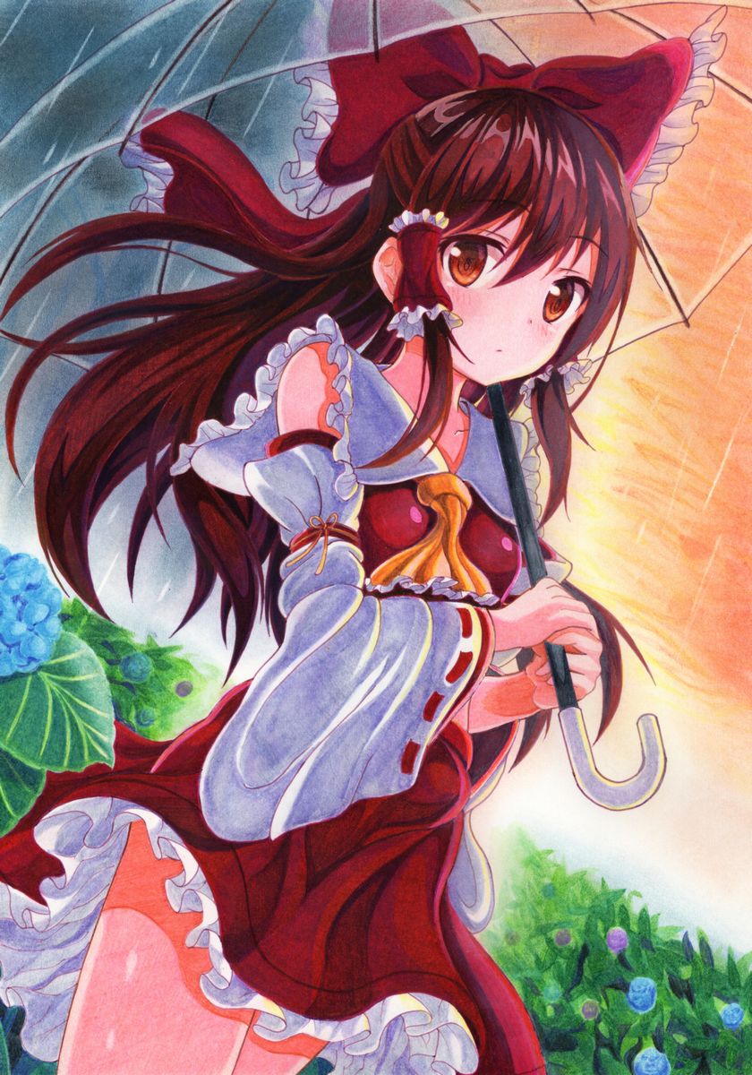 1girl ascot bangs bare_shoulders bow breasts brown_eyes brown_hair closed_mouth clouds cloudy_sky cowboy_shot detached_sleeves dress dutch_angle evening eyebrows_visible_through_hair flower frilled_bow frilled_dress frilled_shirt_collar frills hair_bow hair_tubes hakurei_reimu highres holding holding_umbrella hydrangea kittona long_hair long_sleeves looking_at_viewer orange_sky outdoors plant rain red_bow red_dress red_ribbon ribbon ribbon-trimmed_sleeves ribbon_trim sidelocks sky sleeveless sleeveless_dress small_breasts solo standing tareme touhou traditional_media transparent_umbrella umbrella water watercolor_(medium) wide_sleeves