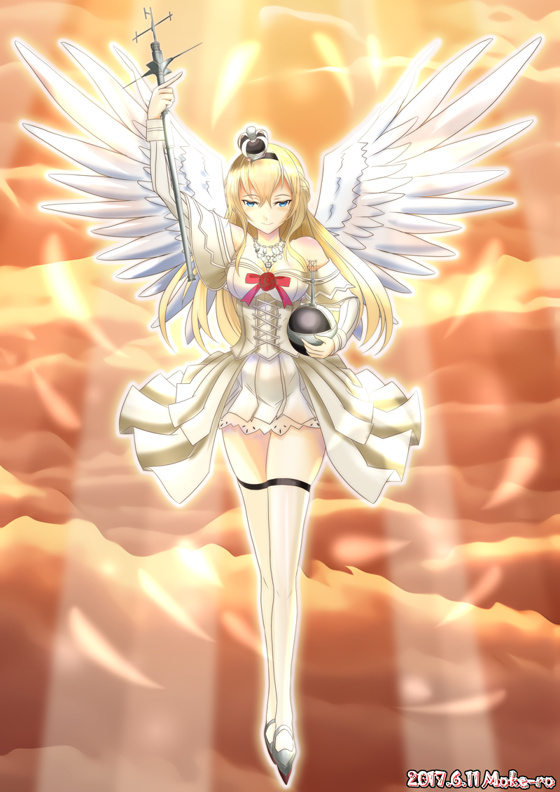 1girl 2017 angel_wings artist_name blonde_hair blue_eyes braid clouds crown dated dress flower french_braid full_body garter_straps globus_cruciger kantai_collection light_rays long_hair long_sleeves mini_crown mokerou off-shoulder_dress off_shoulder red_ribbon red_rose ribbon rose scepter sunbeam sunlight thigh-highs warspite_(kantai_collection) white_dress white_legwear wings