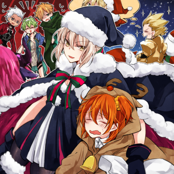 4boys 4girls =_= animal_costume antlers archer armor bangs black_gloves black_legwear blonde_hair blue_eyes blush character_request cloak eyebrows_visible_through_hair fate/grand_order fate_(series) fujimaru_ritsuka_(female) fur_trim gilgamesh gloves green_hair hair_between_eyes hair_ornament hair_over_one_eye hair_scrunchie hat heart horns lancer_(fate/extra_ccc) multiple_boys multiple_girls naho_(pi988y) open_mouth orange_hair pantyhose pink_hair platinum_blonde reindeer_costume saber saber_alter santa_alter santa_costume santa_hat scrunchie shaded_face side_ponytail sidelocks silver_hair smile spiky_hair sweat sweatdrop thigh-highs thought_bubble triangle_mouth wavy_mouth