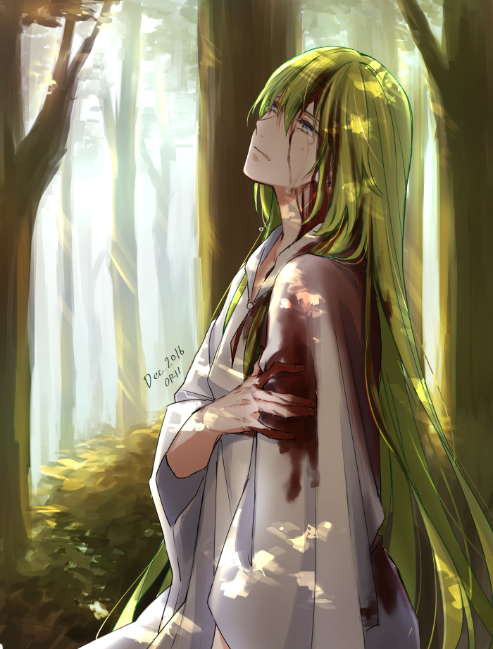 androgynous artist_name bangs blood closed_mouth crying crying_with_eyes_open dated enkidu_(fate/strange_fake) fate/strange_fake fate_(series) forest from_side green_hair hair_between_eyes injury long_hair nature orii_(orii_i) outdoors parted_lips signature solo tears very_long_hair