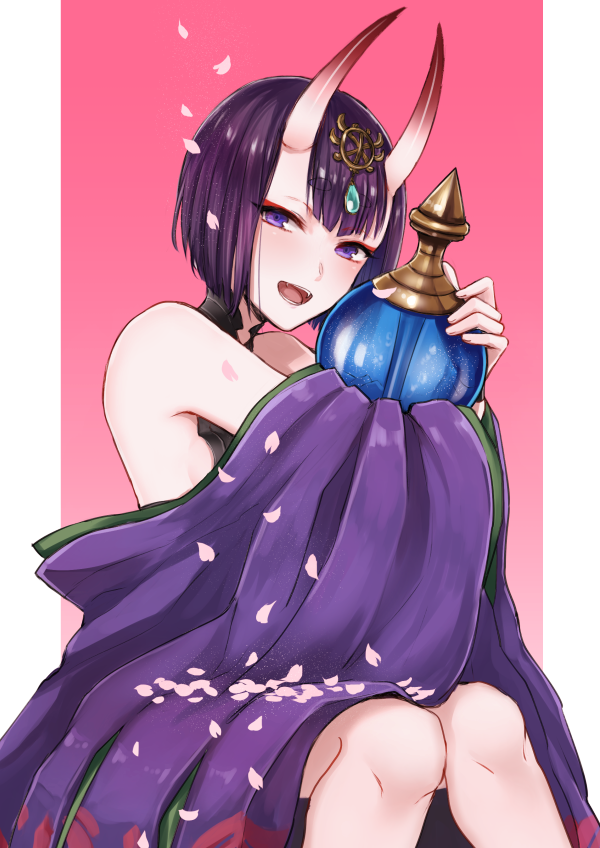 1girl bangs blush bottle cherry_blossoms eyebrows_visible_through_hair fangs fate/grand_order fate_(series) gradient gradient_background headpiece holding holding_bottle horns japanese_clothes kimono looking_at_viewer oni_horns open_mouth orii_(orii_i) petals pink_background purple_hair purple_kimono short_hair shuten_douji_(fate/grand_order) sitting smile solo teeth thick_eyebrows violet_eyes