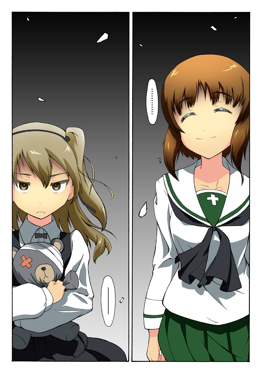 ... 2girls bangs black_background black_bow black_bowtie black_neckerchief black_ribbon black_skirt blouse boko_(girls_und_panzer) bow bowtie brown_eyes brown_hair casual closed_mouth comic empty_eyes evil_smile girls_und_panzer gradient gradient_background green_skirt hair_ribbon high-waist_skirt highres holding holding_stuffed_animal kaya_(nari1-24) layered_skirt light_brown_hair light_frown light_smile long_hair long_sleeves looking_at_another millipen_(medium) miniskirt multiple_girls neckerchief nishizumi_miho ooarai_school_uniform pleated_skirt ribbon school_uniform serafuku shimada_arisu short_hair side_ponytail skirt smile spoken_ellipsis standing stuffed_animal stuffed_toy suspender_skirt suspenders teddy_bear traditional_media white_blouse