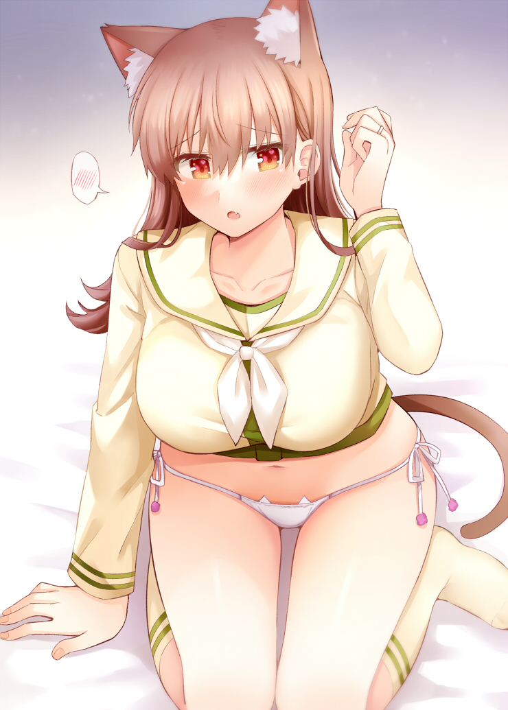 1girl animal_ear_fluff animal_ears arm_support bangs bed_sheet blouse blush breasts brown_eyes brown_hair cat_ears cat_lingerie cat_tail collarbone commentary_request eyebrows_visible_through_hair fang gradient gradient_background hair_between_eyes hand_up kantai_collection large_breasts long_hair long_sleeves looking_at_viewer meme_attire navel neckerchief no_pants ooi_(kancolle) ooi_kai_ni_(kancolle) open_mouth panties revision rui_shi_(rayze_ray) sailor_collar school_uniform serafuku side-tie_panties socks solo spoken_blush tail underwear white_neckerchief white_panties yellow_blouse yellow_sailor_collar