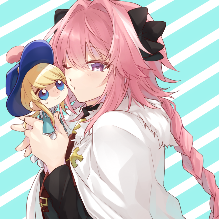 1boy blonde_hair blue_eyes blush character_doll chibi citron_82 fate/apocrypha fate/grand_order fate_(series) hat hug le_chevalier_d'eon_(fate/grand_order) long_hair male_focus pink_hair ponytail rider_of_black smile solo toy trap