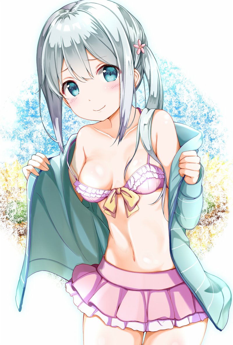 1girl bangs bare_shoulders bikini bikini_skirt blue_eyes bow breasts breasts_apart closed_mouth collarbone cowboy_shot eromanga_sensei flower frilled_bikini frills front-tie_bikini front-tie_top hair_flower hair_ornament izumi_sagiri jacket long_sleeves looking_at_viewer multicolored multicolored_background na53 navel off_shoulder one_side_up open_clothes open_jacket pink_bikini raised_eyebrows sidelocks silver_hair small_breasts smile solo standing stomach strap_slip swimsuit tareme thigh_gap yellow_bow