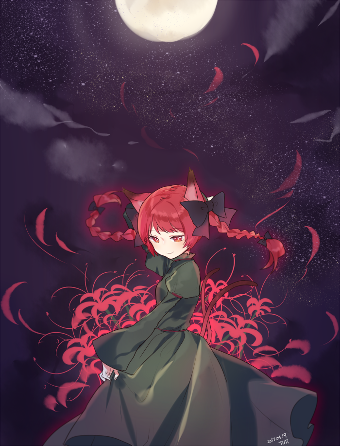 1girl animal_ears artist_name bangs bow braid cat_ears cat_tail commentary dark dress extra_ears flower full_moon green_dress hair_bow kaenbyou_rin moon multiple_tails nekomata night night_sky outdoors perri_(mnemosine) red_eyes redhead sky smile solo spider_lily star_(sky) starry_sky tail touhou twin_braids upper_body