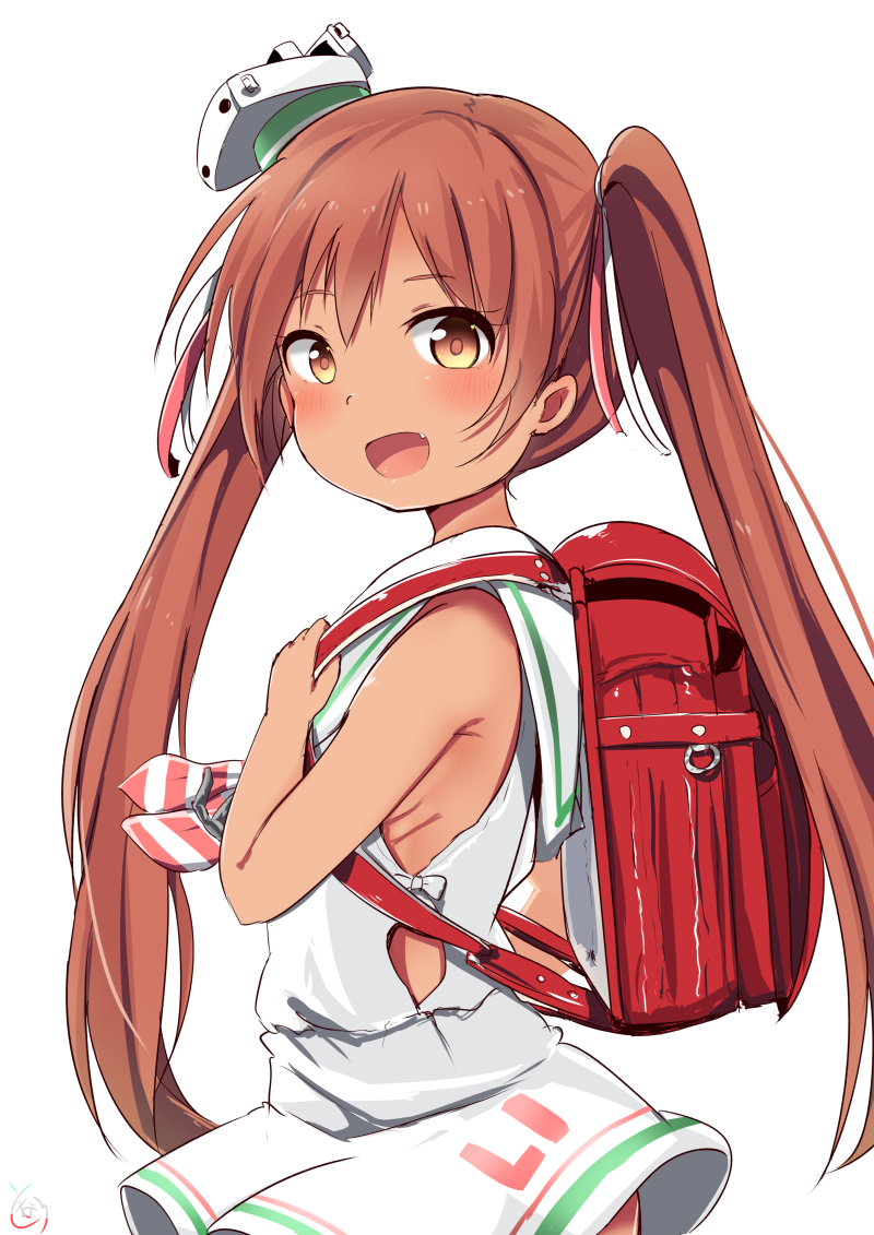 1girl :d backpack bag bangs bare_arms bare_shoulders blush brown_eyes brown_hair dress fang from_side hair_ribbon hat kantai_collection libeccio_(kantai_collection) long_hair looking_at_viewer looking_to_the_side neckerchief open_mouth randoseru ribbon ribs sailor_dress side_cutout sleeveless sleeveless_dress smile solo striped striped_neckerchief tareme tonari_(ichinichime_azuma) twintails upper_body very_long_hair white_dress white_hat