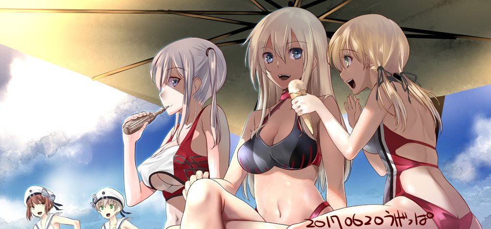 5girls :d alternate_costume anchor_hair_ornament ass back bangs bare_back bare_shoulders beach_umbrella beret bikini_top bismarck_(kantai_collection) black_bikini_top black_ribbon blue_eyes blue_sky blunt_bangs blush bow breasts butt_crack casual_one-piece_swimsuit closed_mouth clothes_writing clouds dated day drinking erect_nipples eyebrows_visible_through_hair graf_zeppelin_(kantai_collection) green_eyes hair_ornament hair_ribbon hair_tie hand_on_own_knee hat hat_bow kantai_collection large_breasts legs_crossed long_hair low_twintails medium_breasts multiple_girls navel no_headwear one-piece_swimsuit open_mouth outdoors prinz_eugen_(kantai_collection) profile red_eyes redhead ribbon round_teeth sailor_collar short_hair shoulder_blades sidelocks signature silver_hair simple_background sitting sky smile stomach striped striped_bow swimsuit teeth twintails ugeppa umbrella under_boob underboob_cutout upper_body violet_eyes z1_leberecht_maass_(kantai_collection) z3_max_schultz_(kantai_collection)