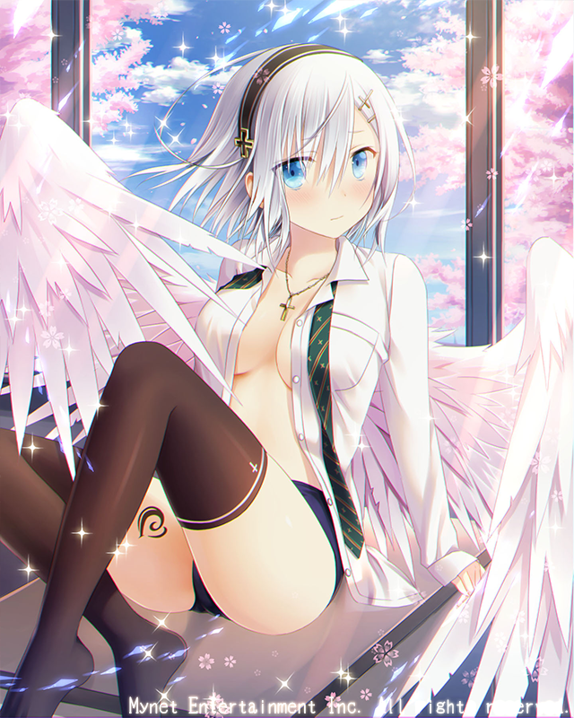 angel_wings black_legwear blue_eyes blush breast_pocket breasts cleavage cross cross_necklace falkyrie_no_monshou flower green_necktie hair_ornament hairband hairclip jewelry large_breasts natsumekinoko necklace necktie necktie_removed official_art petals pocket short_hair silver_hair sitting thigh-highs unbuttoned unbuttoned_shirt wings