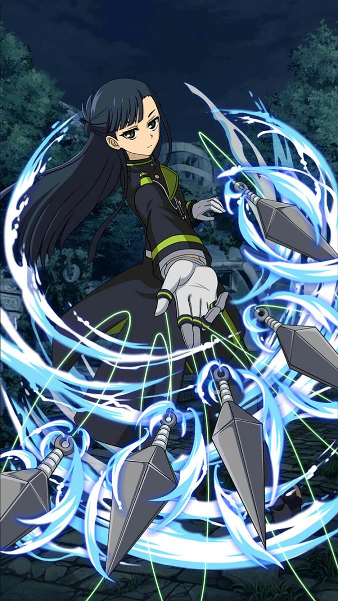 1girl black_eyes black_hair building floating_hair gloves highres looking_at_viewer night outdoors outstretched_arm owari_no_seraph ruins solo tree uniform violet_eyes white_gloves yukimi_shigure