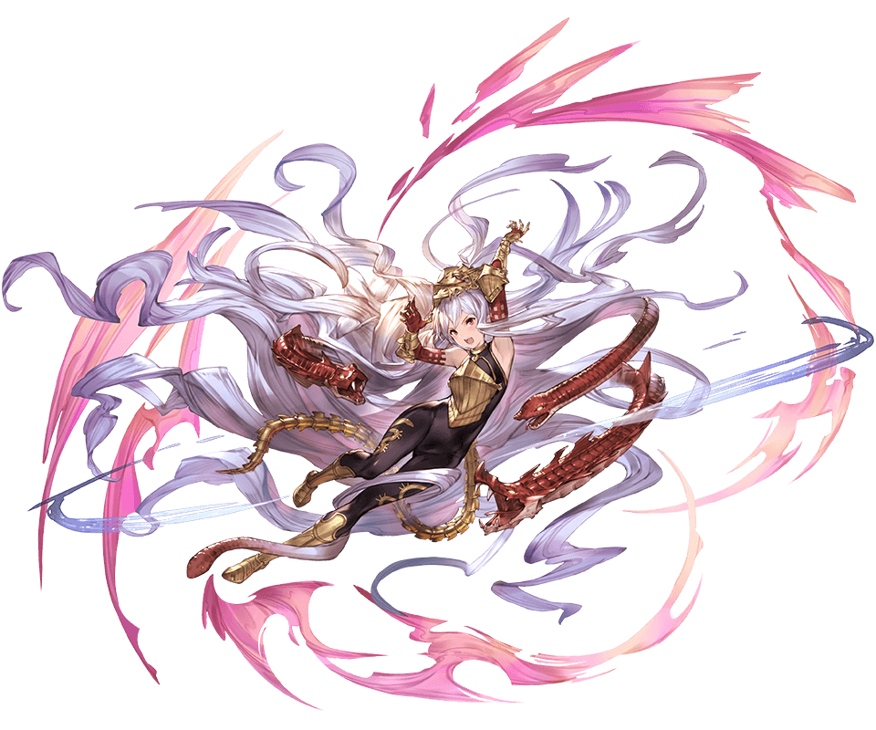 1girl bare_shoulders bodysuit full_body gloves granblue_fantasy hair_ornament long_hair medusa_(shingeki_no_bahamut) official_art pointy_ears red_eyes shingeki_no_bahamut snake solo tail very_long_hair white_hair