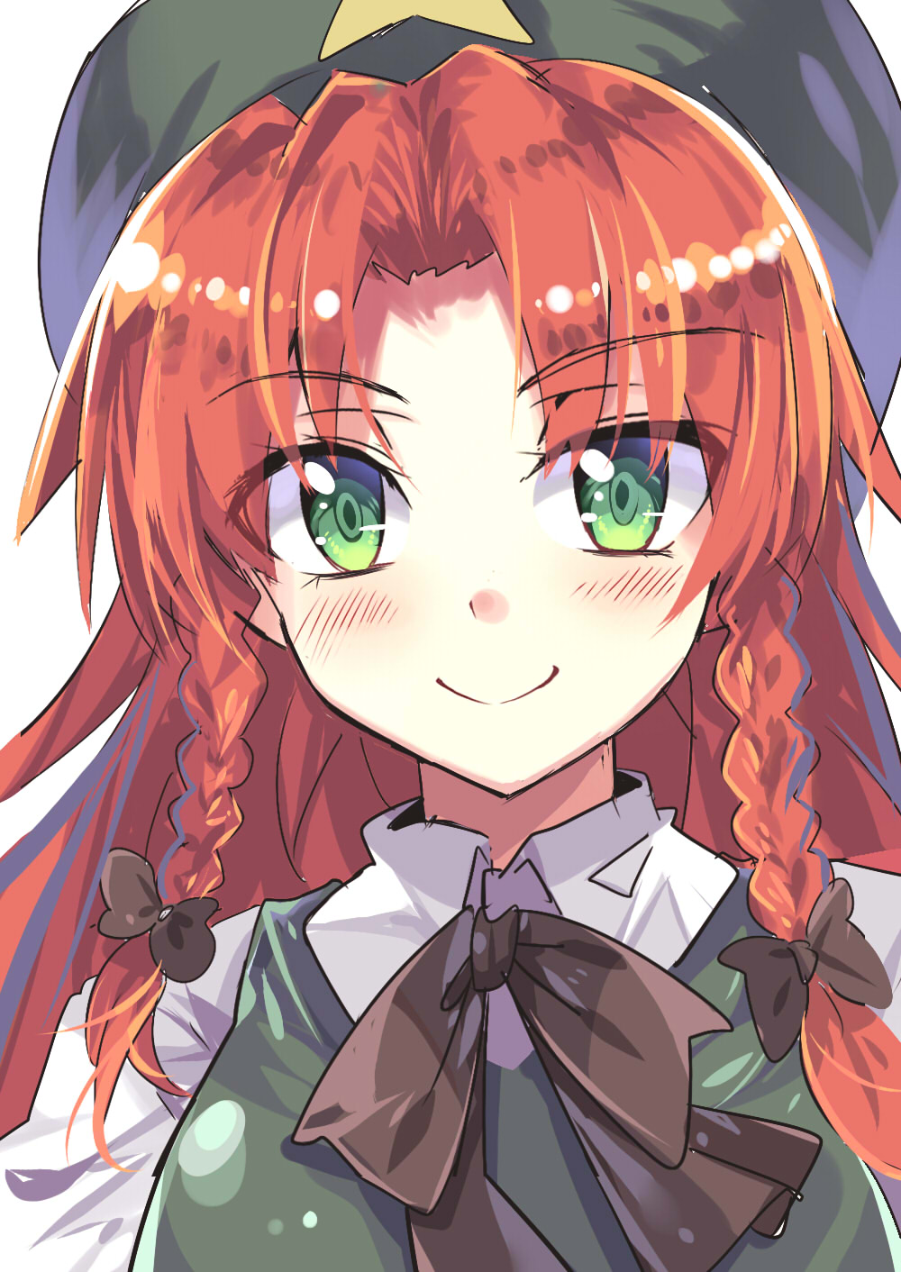 1girl bangs beret black_bow black_bowtie bow bowtie braid closed_mouth collared_shirt e.o. eyebrows_visible_through_hair eyelashes eyes_visible_through_hair green_eyes green_hat green_vest hair_bow hat highres hong_meiling long_hair looking_at_viewer parted_bangs redhead shiny shiny_hair shirt simple_background smile solo star touhou tsurime twin_braids upper_body vest white_background wing_collar