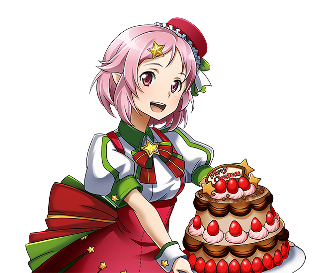 1girl :d cake food hair_ornament hat high-waist_skirt holding lisbeth_(sao-alo) mini_hat open_mouth pink_hair pointy_ears red_eyes red_hat red_skirt short_hair skirt smile solo standing star star_hair_ornament sword_art_online transparent_background upper_body wrist_cuffs