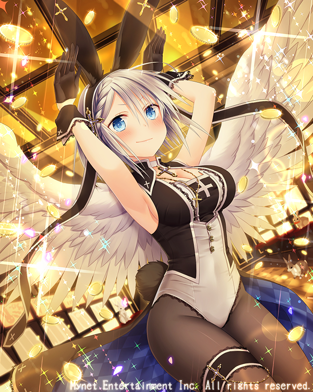 1girl angel_wings animal_ears armpits black_gloves black_legwear blue_eyes blush breasts bunny_tail bunnysuit cleavage collar cross cross_necklace eyebrows_visible_through_hair fake_animal_ears fake_tail falkyrie_no_monshou gloves jewelry large_breasts looking_at_viewer natsumekinoko necklace official_art pantyhose rabbit_ears short_hair silver_hair smile solo tail wings