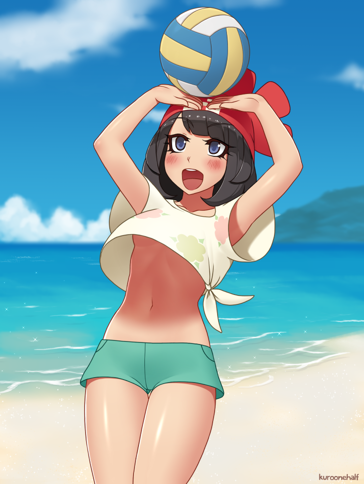 1girl :d arms_up artist_name ball bangs beach beach_volleyball beanie black_hair blue_eyes blue_sky blush breasts commentary cowboy_shot day eyebrows_visible_through_hair eyelashes floral_print green_shorts hat horizon kuroonehalf looking_up mizuki_(pokemon_sm) navel no_bra ocean open_mouth outdoors pokemon pokemon_(game) pokemon_sm red_hat round_teeth sand shirt short_hair short_sleeves shorts sky small_breasts smile solo standing stomach teeth thigh_gap tied_shirt tsurime under_boob water yellow_shirt